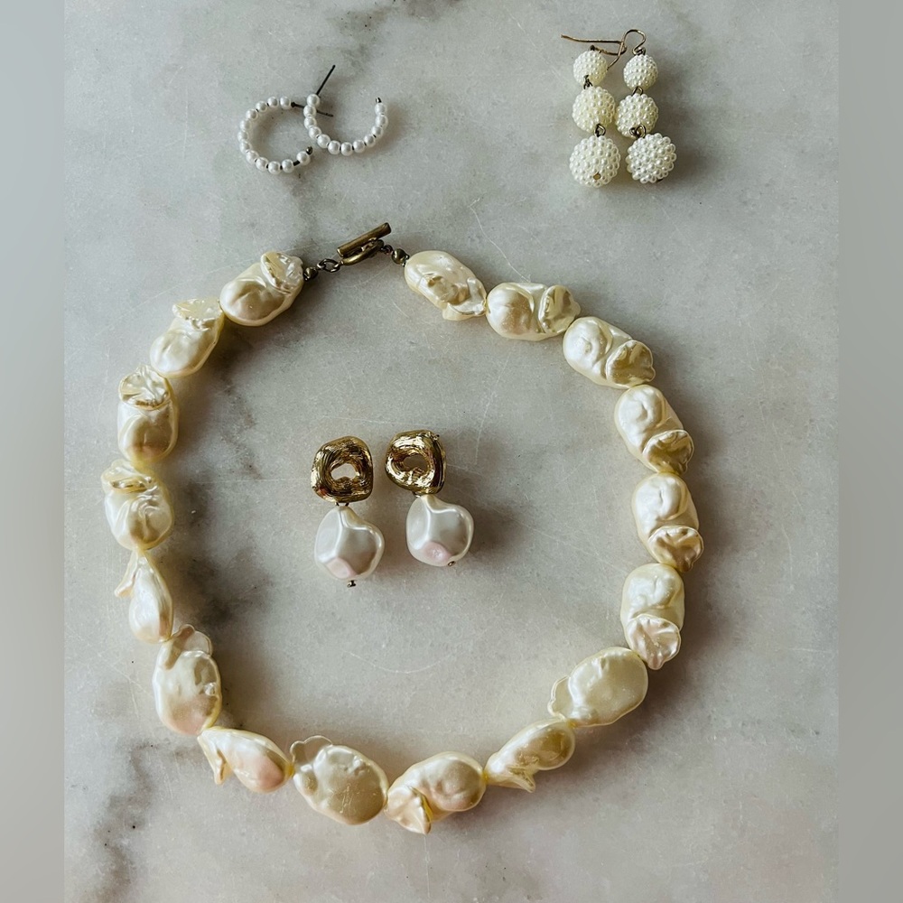 H&M Francesca’s Irregular faux pearls balls and hoop earrings & necklace LOT